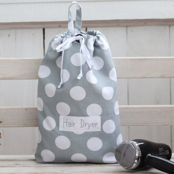 Personalized hair dryer organizer, gray polka-dot hair curler bag, thick cotton blow dryer bag, hair accessories flanel lining