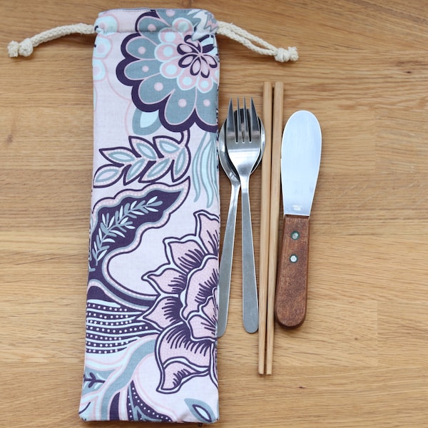 Reusable Cutlery Holder for travel, Zero Waste Utensils Wrap for Picnic, Cotton Cutlery Case with outdoor fabric lining