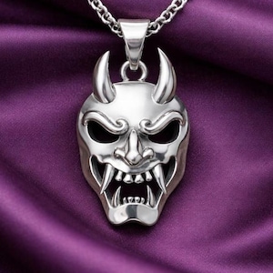 Sterling Silver Demon Mask Necklace – Gothic Oni Pendant – Punk Statement Jewelry