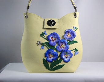 Yellow women leather handbag with handcrafted flowers, Handmade leather shoulder bag for women, Leather bag women blue flower decor