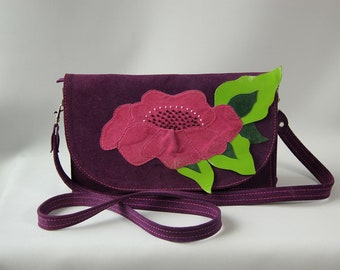 Purple women leather clutch handcrafted with velour flowers, Shoulder leather women's evening bag, Leather women clutch purse