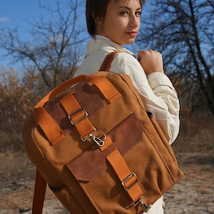 Mochila de cuero para mujer, Mochila de cuero hecha a mano estilo moderno, Mochila de lona para ella