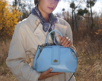 Blue women leather hand bag, Elegant women top handle bag, Small leather bag women doctor style handbag