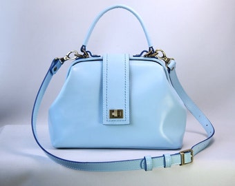 Women small top handle bag, Blue leather women's evening bag, Italian leather doctor style handbag