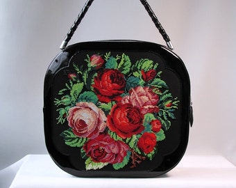 Black leather handbag with Czech beads embroidery, Designer handmade leather bag for women, Embroidery bag with flowers gift for her