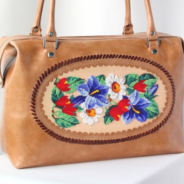 Brown leather bag, women leather bag, embroidery bag, flower bag, casual leather bag, leather bag, hand made bag, beads flowers