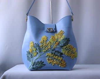 Hand painted blue leather purse with yellow mimosa flower design, Italian leather shoulder bag for women with a twist lock closure