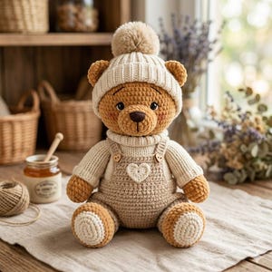 Honey Bear Amigurumi Pattern PDF | Teddy With Sweater Overalls & Beanie
