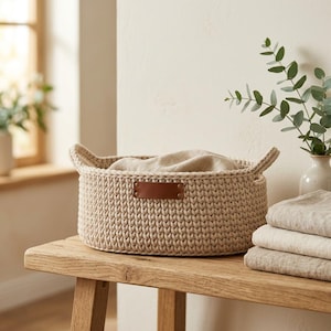 Op de afbeelding: Een ronde, beige, handgebreide opbergmand met een dik, getextureerd garenweefsel en twee geïntegreerde handvatten. Een rechthoekige bruine leren patch is in het midden bevestigd met twee metalen klinknagels, inclusief een beige stoffen voering.