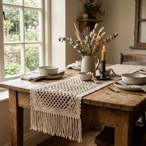 May include: A beige crocheted table runner with a diamond pattern and long fringe edges, displayed on a wooden table with ceramic bowls, a ceramic pitcher filled with dried flowers, and a lit yellow candle in a black metal holder.