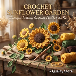 May include: A collection of crochet sunflowers with yellow petals and brown centres, displayed with green leaves on a wooden table. The image includes yarn skeins, a crochet hook, and the text "CROCHET SUNFLOWER GARDEN".