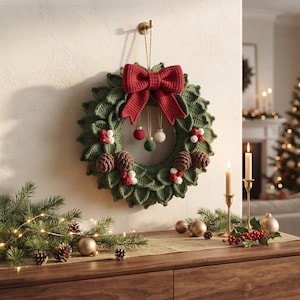 May include: A crocheted Christmas wreath featuring green leaves, a large red bow, brown pinecones, and clusters of white and red berries. Three small crocheted ornaments in red, green, and white hang from the center of the wreath.