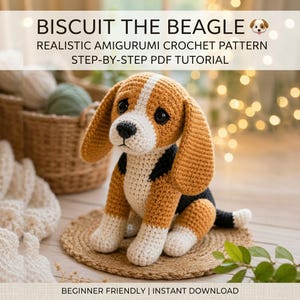 May include: A crocheted beagle puppy amigurumi with brown, white, and black yarn, featuring large black eyes and floppy ears. The text reads: BISCUIT THE BEAGLE, REALISTIC AMIGURUMI CROCHET PATTERN, STEP-BY-STEP PDF TUTORIAL, BEGINNER FRIENDLY | INSTANT DOWNLOAD.