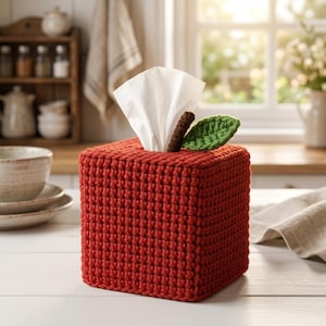 May include: A square tissue box cover crocheted in a deep red yarn, featuring a brown crocheted stem and a single green crocheted leaf on the top surface. A white tissue is pulled through the center opening of the textured, handmade cover.