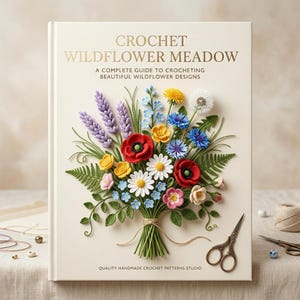 Può includere: Un libro intitolato "CROCHET WILDFLOWER MEADOW" presenta un bouquet floreale all'uncinetto sulla copertina. Il bouquet comprende papaveri rossi, margherite bianche e fiordalisi blu. Il libro è una guida per lavorare all'uncinetto splendidi disegni di fiori selvatici.