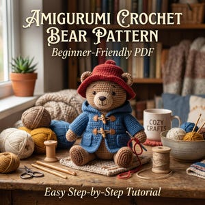 Op de afbeelding: Een gehaakte beer met een blauwe jas en rode hoed zit op een tafel, omringd door garen, haaknaalden en een mok met de tekst "COZY CRAFTS". De afbeelding bevat tekst: "AMIGURUMI CROCHET BEAR PATTERN Beginner-Friendly PDF Easy Step-by-Step Tutorial."