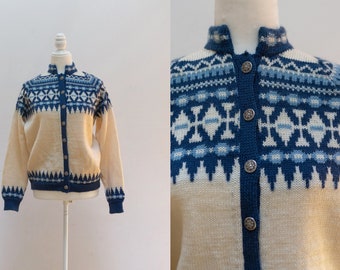 vintage 1960s nordic fair isle blue and white wool sweater made in Norway