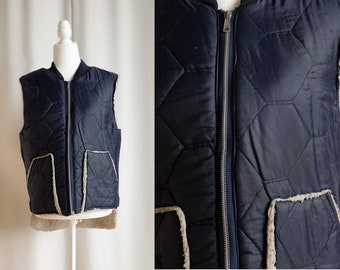 vintage medium faux shearling lined quilted blue vest