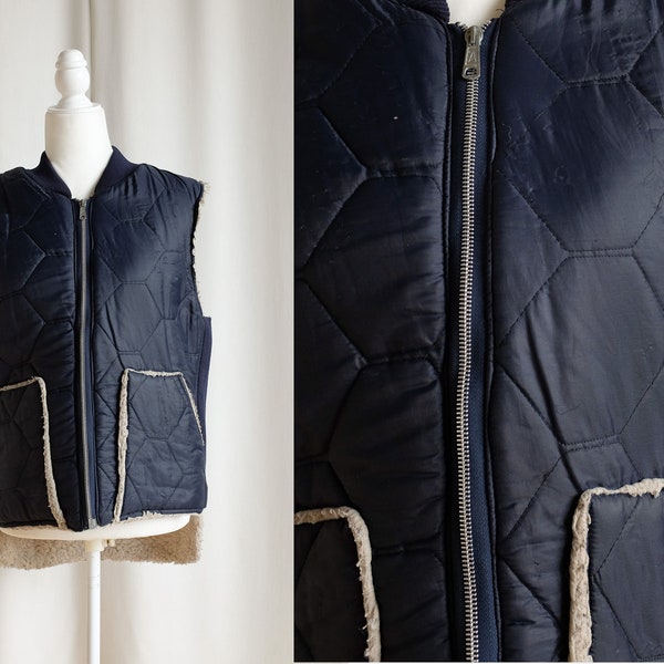 vintage medium faux shearling lined quilted blue vest