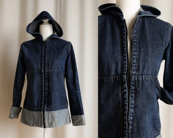 Vintage Y2K dark denim jacket with hood, cuffs and large pockets, small or medium