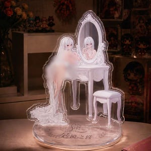 May include: A clear acrylic standee featuring a white vanity table with an oval mirror and a matching stool. A character with white hair and a long white veil stands at the vanity. The circular base displays decorative text in Chinese characters.