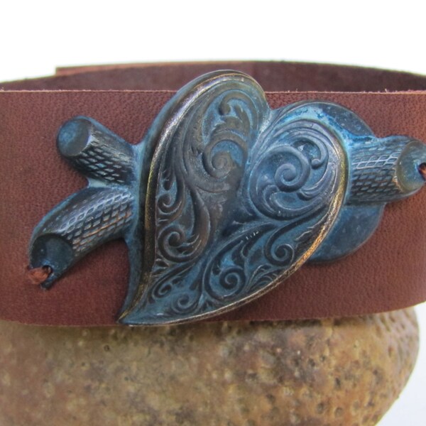 heart leather 1inch bracelet rustic weathered brass  with snap closure