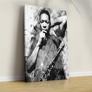 John Coltrane signerad affisch, jazzkonstmålning, svartvitt jazztryck
