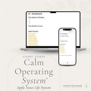 May include: A digital mockup showing a laptop and a smartphone displaying a planner interface. The screen shows a dashboard with sections for priorities and quick access to planning tools. The text "Calm Operating System" is also visible.