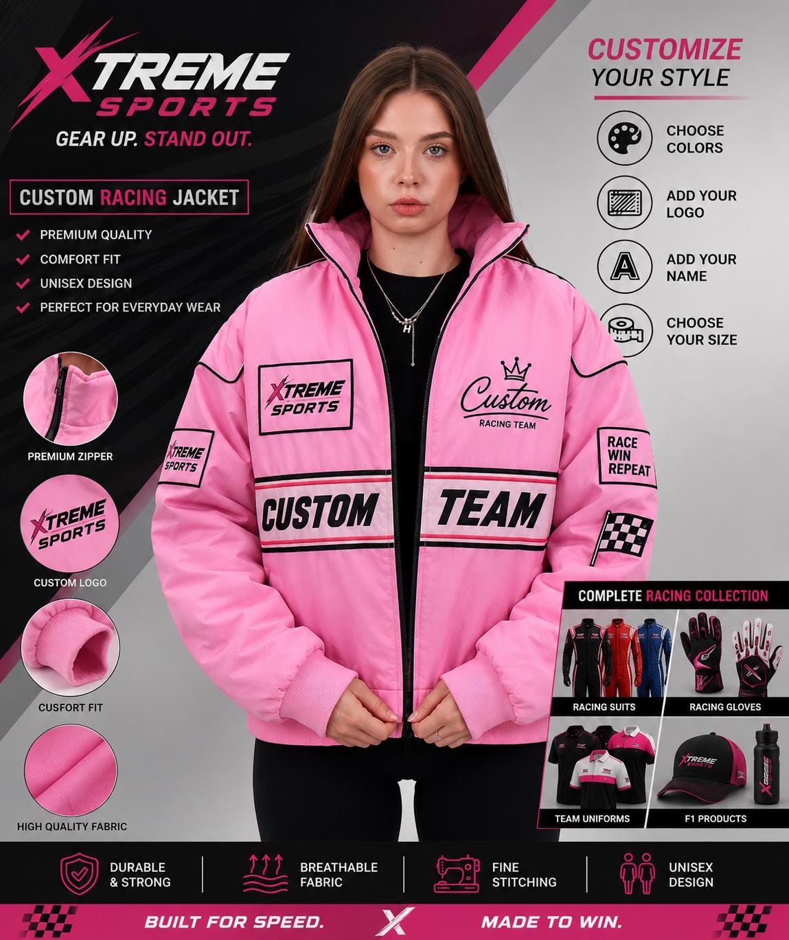 ピンクレース装飾 ジップアップ ジャケットサイズ42 40 Pink racing 
