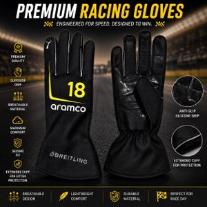 Peut inclure: Gants de course noirs arborant le numéro 18 en jaune, le logo Aramco et le logo Breitling. Les gants présentent une manchette étendue, une paume avec une adhérence en silicone antidérapante et des détails passepoilés blancs sur les doigts.