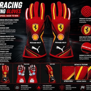 Peut inclure: Une paire de gants de conduite de course F1 rouges et noirs avec le logo Ferrari, l'emblème Shell, le texte Richard Mille et le logo Puma. Les gants présentent un tissu en maille texturé, des poignets allongés et des rayures blanches, avec des vues détaillées.