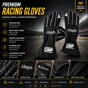 Peut inclure: Une paire de gants de course noirs avec le logo Aleph et OMP en blanc, des passepoils blancs et des poignets allongés. Les gants présentent des accents triangulaires blancs sur les doigts et sont accompagnés de texte décrivant des caractéristiques comme une adhérence supérieure et un tissu respirant.
