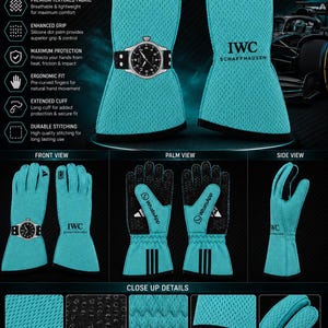Peut inclure: Une paire de gants de course F1 turquoise avec le logo OMP et la marque IWC Schaffhausen. Les gants présentent une manchette étendue, des doigts pré-courbés et une paume avec des points en silicone. Le design inclut des accents noirs et des détails sur les caractéristiques de performance comme le tissu respirant et la résistance au feu.