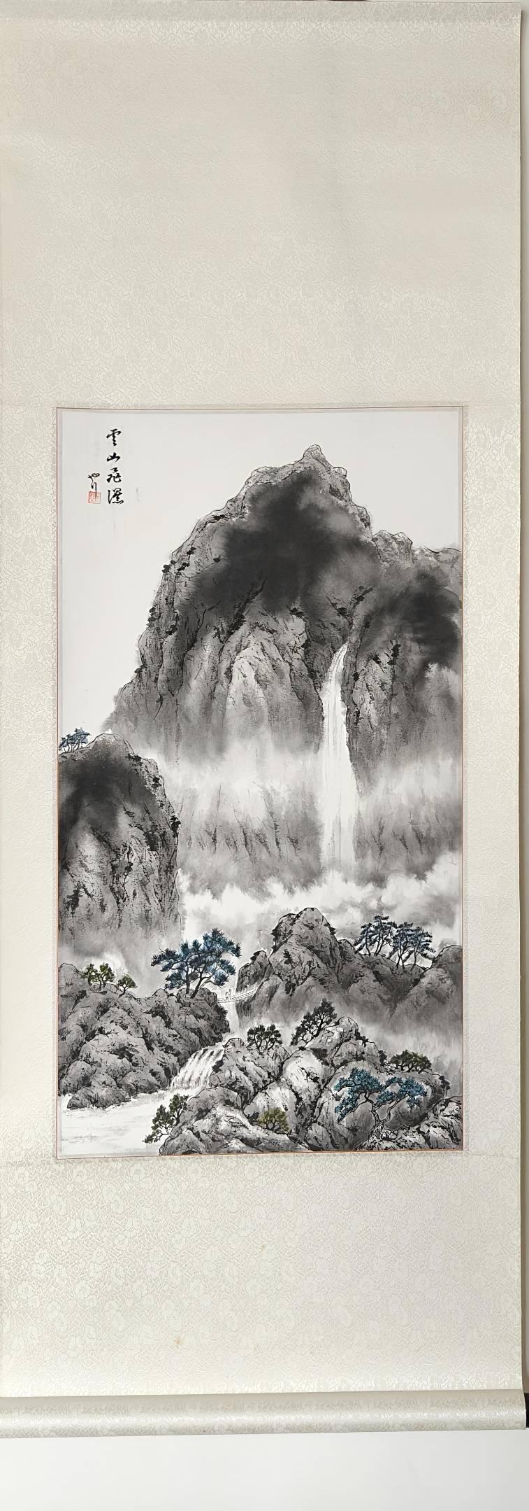 手描きの水墨画、滝、山、禅の掛け軸絵画 - あらゆる空間に合う