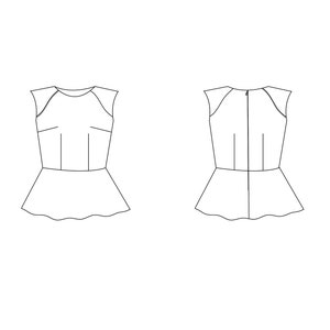 May include: A sleeveless, white, peplum top with a round neckline and a slightly fitted bodice. The top has a back zipper closure and a scalloped hem.