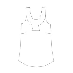 May include: A sleeveless tank top with a scoop neck and a curved hem.