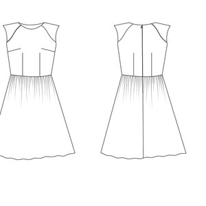 May include: A sleeveless dress with a round neckline and a fitted bodice. The skirt is gathered at the waist and falls to a slightly flared hem.
