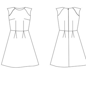 May include: A sleeveless dress with a round neckline and a fitted bodice. The dress has a gathered skirt and a back zip.