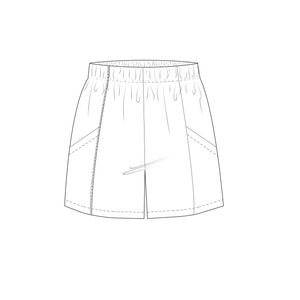May include: A line drawing of a pair of shorts with a drawstring waist and side pockets.