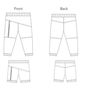 May include: Line drawing of trousers with a zipped pocket on the front and a contrasting panel on the side. The drawing shows the front and back views of the trousers in two different lengths.