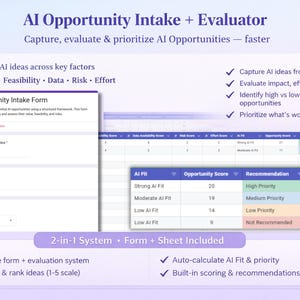 Peut inclure: Graphique numérique promouvant un système d'évaluation et de prise en charge des opportunités d'IA. Il comprend un formulaire, une feuille de calcul et un tableau de recommandations codé par couleur. Le texte met en évidence les fonctionnalités clés.