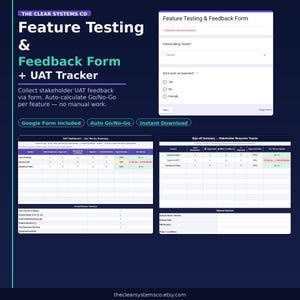 May include: A digital Feature Testing and Feedback Form and UAT Tracker template by The Clear Systems Co. The image displays a Google Form interface, a UAT Dashboard with Go/No-Go summaries, and a Sign-off Summary table for stakeholder feedback.