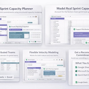 以下が含まれることがあります： 「Scrum Sprint Capacity Planner」と「Model Real Sprint Capacity」のテキストが表示されたデジタル製品。画像には、「Scrum Planning Snapshot」などのさまざまなスプレッドシートと計画ツールが表示されています。Google SheetsとExcelに対応しています。