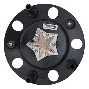 May include: A black plastic hubcap with a silver and gold star emblem in the center. The hubcap has several holes and protruding tubes. The text "T161L152-S1" and "2025-5-15" is printed on a white sticker.