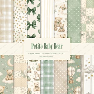 Paquete de papeles digitales de acuarela con diseño de osito bebé: Juguetes vintage, cuadros vichy color salvia (descarga digital)