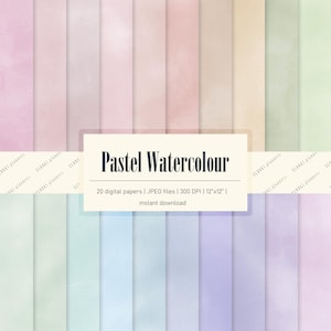 May include: A collection of twenty digital papers featuring soft pastel watercolour textures in shades of pink, yellow, green, blue, and purple. A central white label displays the text Pastel Watercolour, 20 digital papers, JPEG files, 300 DPI, 12x12.