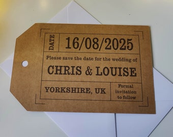 Custom Personalised Save the Date Cards - Ticket - Stamp - Tag - Wedding - Fun - Quirky - White - Kraft Brown - Names - Date - Location