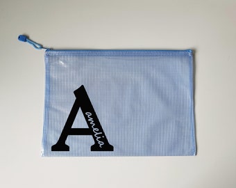 Custom Personalised Initial & Name Large Pencil Case - Gift - Printed Bag - Custom Made - Zip Pouch - Blue - Black