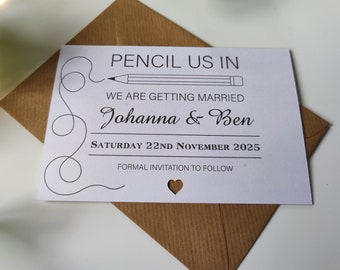 Custom Personalised Save the Date Cards - Pencil Us In - Wedding - Cute - Fun - Quirky - Rustic - White - Kraft Brown - Names - Date