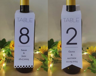 Custom Personalised Table Numbers for Wine Bottles - Wedding - Party - Event - Bottle Hangers - Two Designs